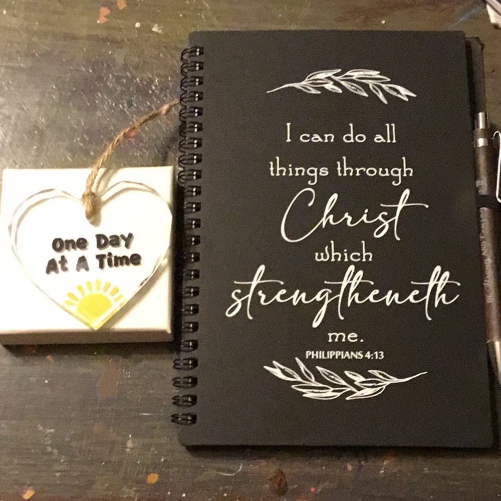 Ornament & Notebook bible verse Inspirational Quote with pen and glass heart
